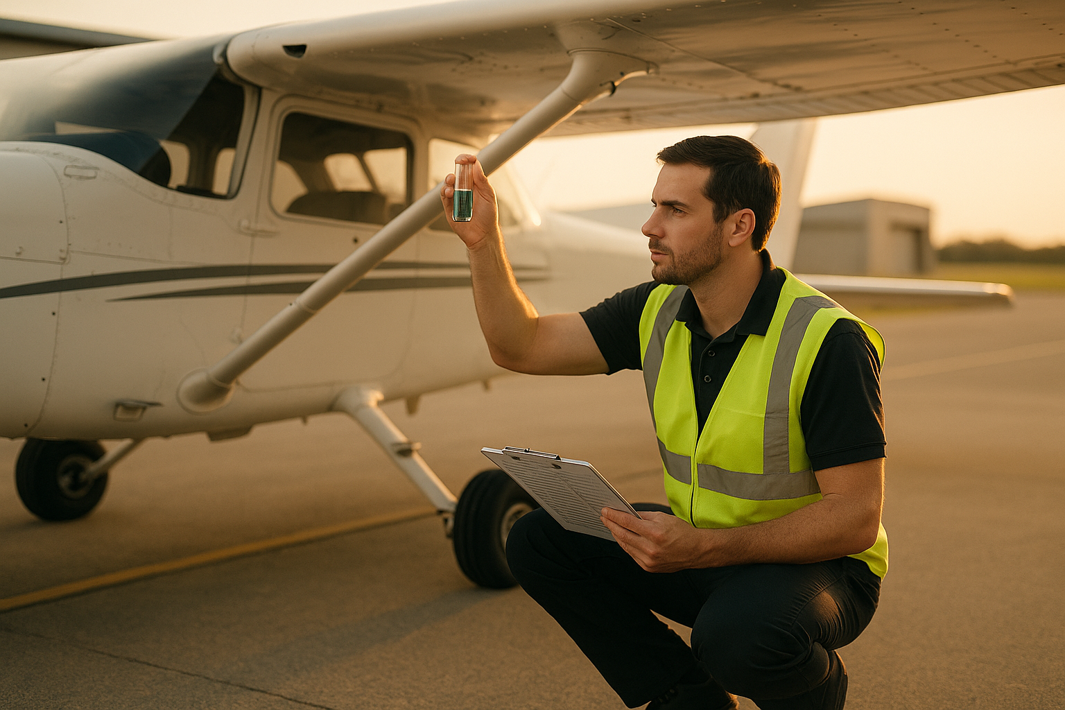 Pilot performing a thorough external preflight inspection on a single-engine aircraft on a clear day, checking control surfaces, fuel caps, and landing gear