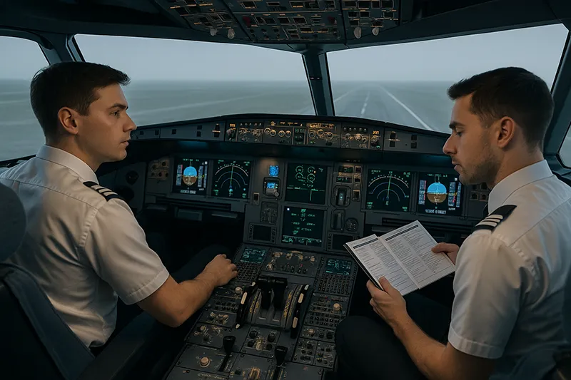 Airline cadet preparing for simulator assessment with instructor nearby, professional attire and headset, training context visible