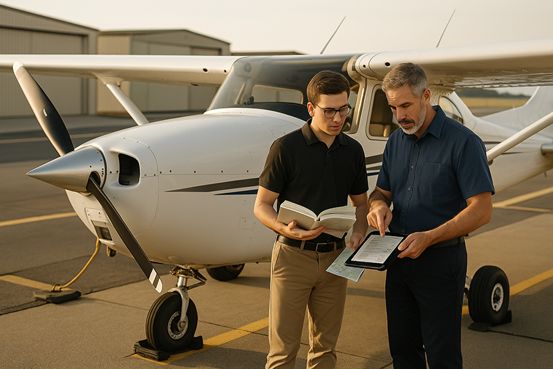 Flight instructor and pilot reviewing a sectional chart and logbook before a general aviation flight review