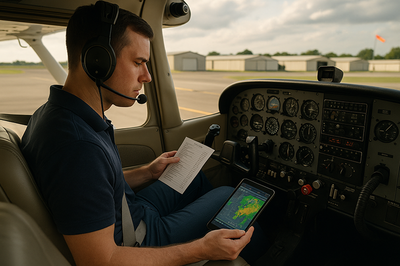 Newly certificated pilot reviewing a checklist in a training aircraft cockpit before departure