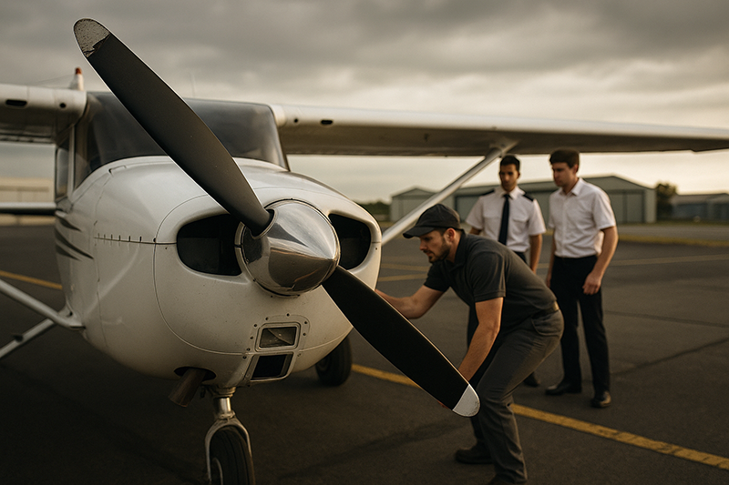 Flight instructor examining a parked piston aircraft propeller after a suspected ground strike