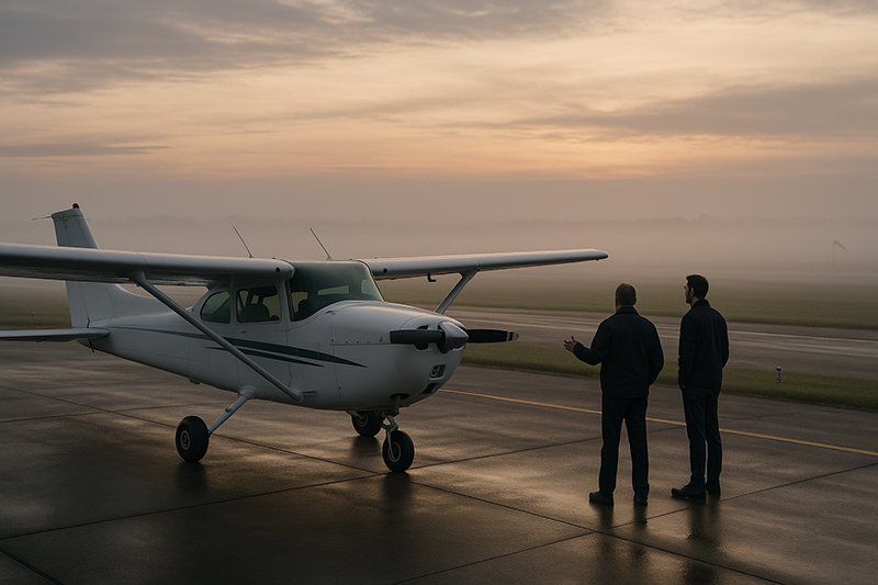 Training aircraft near a foggy runway illustrating low visibility weather decision-making for pilots