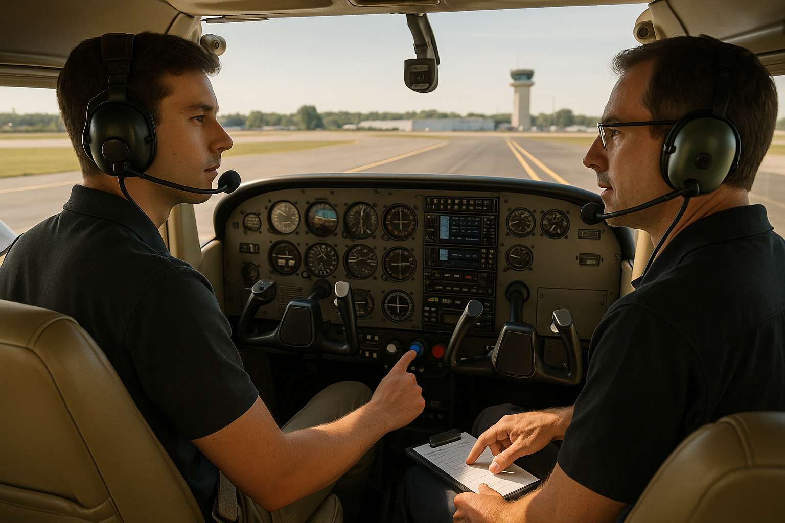 Student pilot in a light aircraft cockpit speaking into the headset microphone with runway visible, practicing radio communication and pattern calls during flight training.
