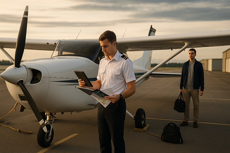 Pilot reviewing a cross-country route and weather before a real-world general aviation flight