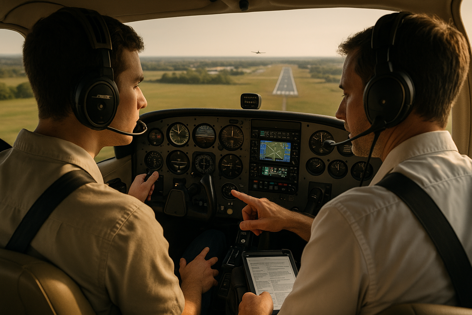 Student pilot and flight instructor discussing approach technique in a single-engine trainer on a clear day, cockpit instruments visible, training environment.