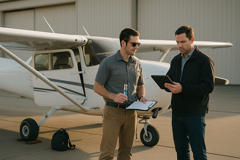 Pilot reviewing dispatch paperwork and preflight details beside a rental training aircraft on the ramp