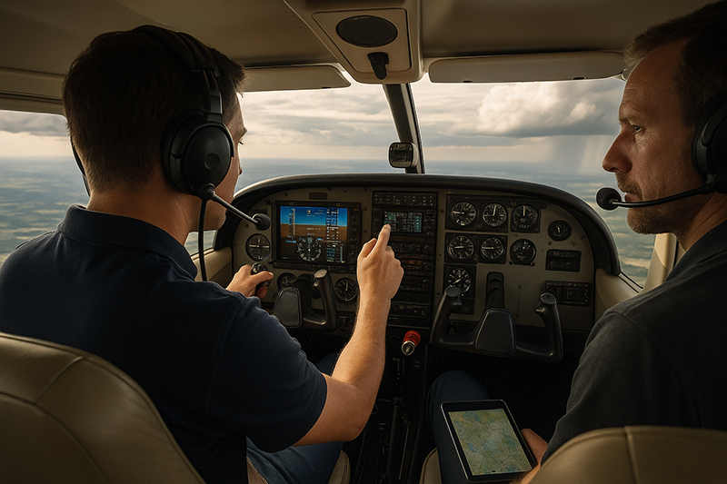 Pilot in a training aircraft communicating with air traffic control during a high-workload flight scenario