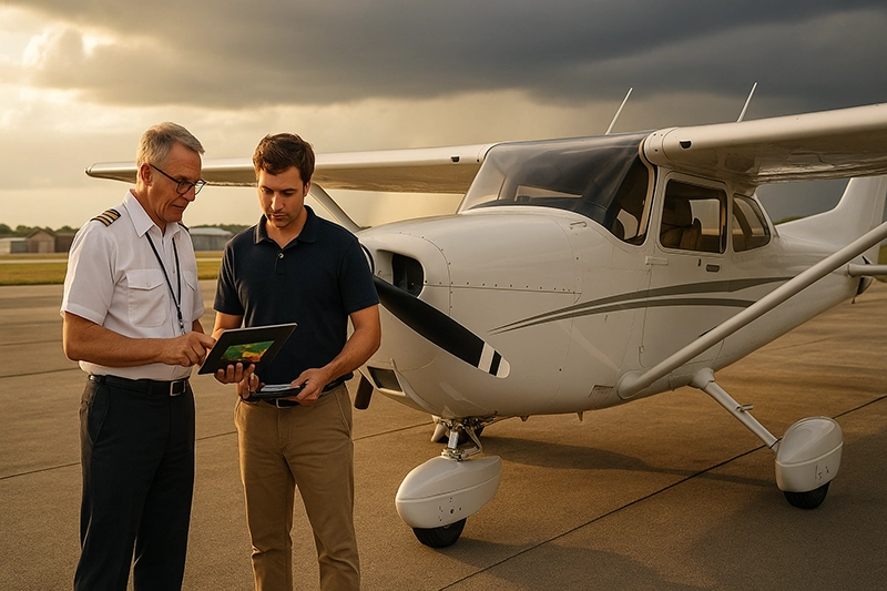 A single-engine general aviation aircraft on the ramp with a pilot reviewing weather briefings and flight plan on a tablet, illustrating practical risk management in flight operations.