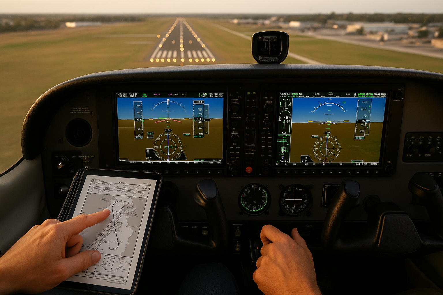 Airliner on short final with runway lights in low visibility, showing instrument approach context and navigation guidance comparison
