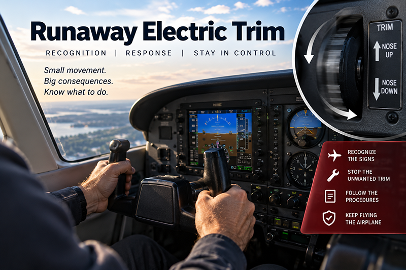 Pilot hand on aircraft control yoke near electric trim switch during abnormal trim training scenario