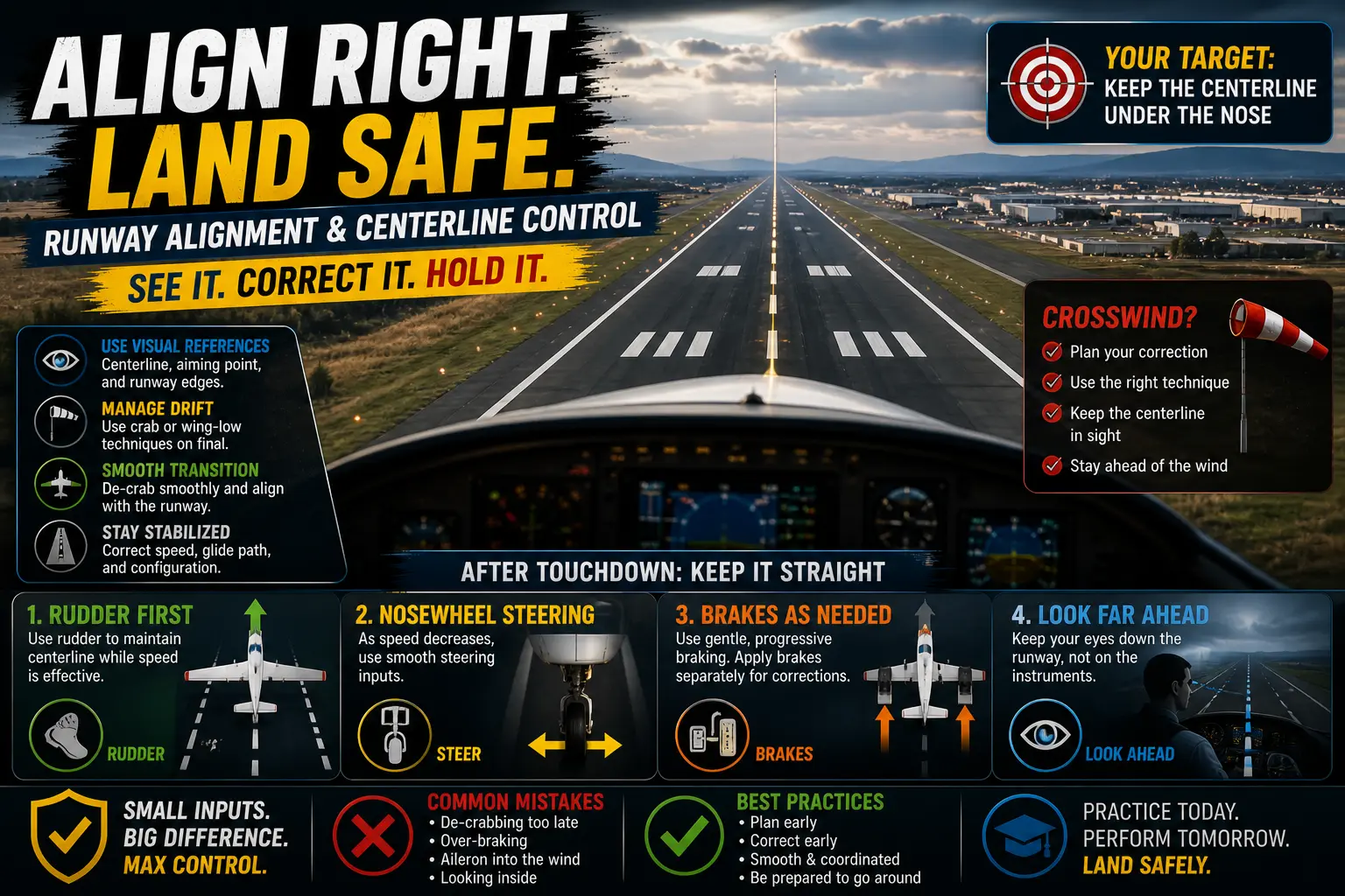A light aircraft aligned with a runway centerline on final approach in crosswind conditions