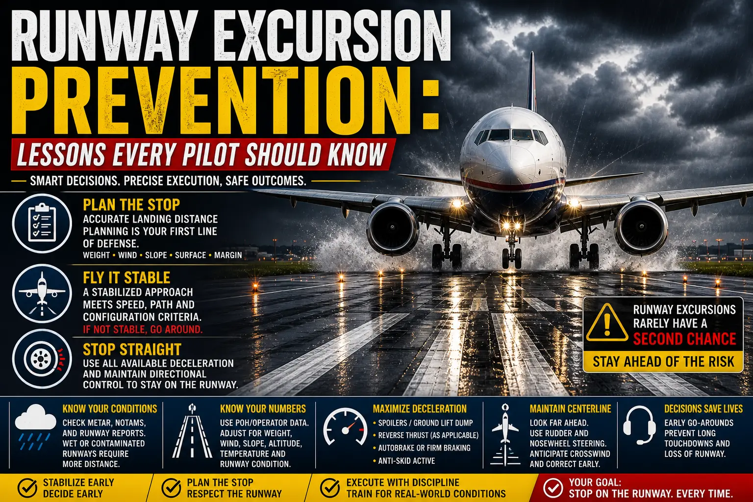 Airplane landing on wet runway demonstrating braking and rollout control