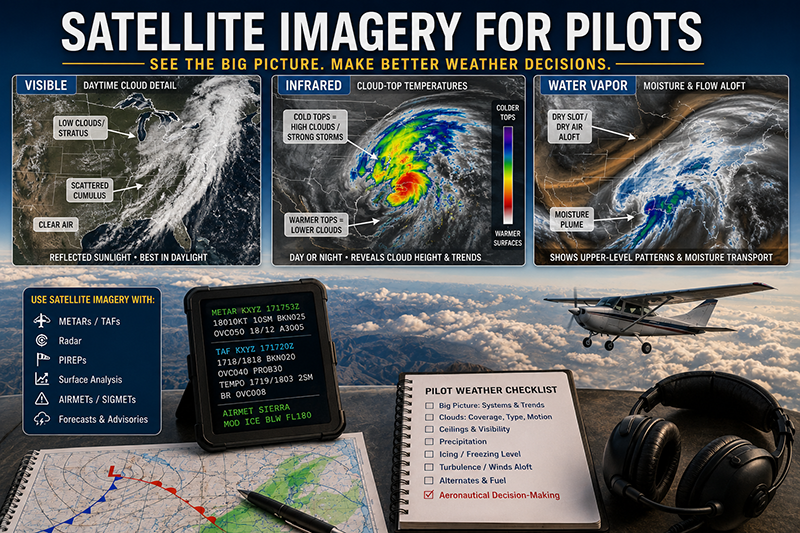 Pilot reviewing satellite weather imagery on a tablet during preflight planning in a training aircraft