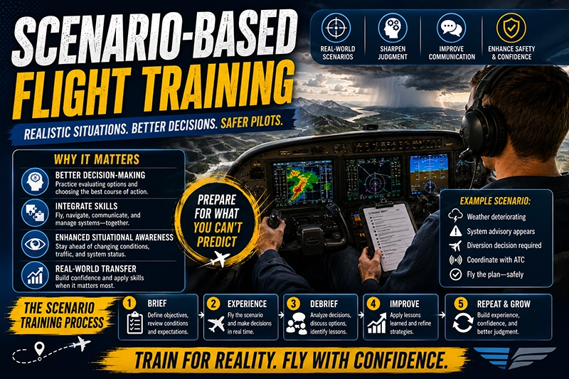 Flight instructor and student pilot in cockpit during a scenario-based training flight, practicing diversion and communication procedures