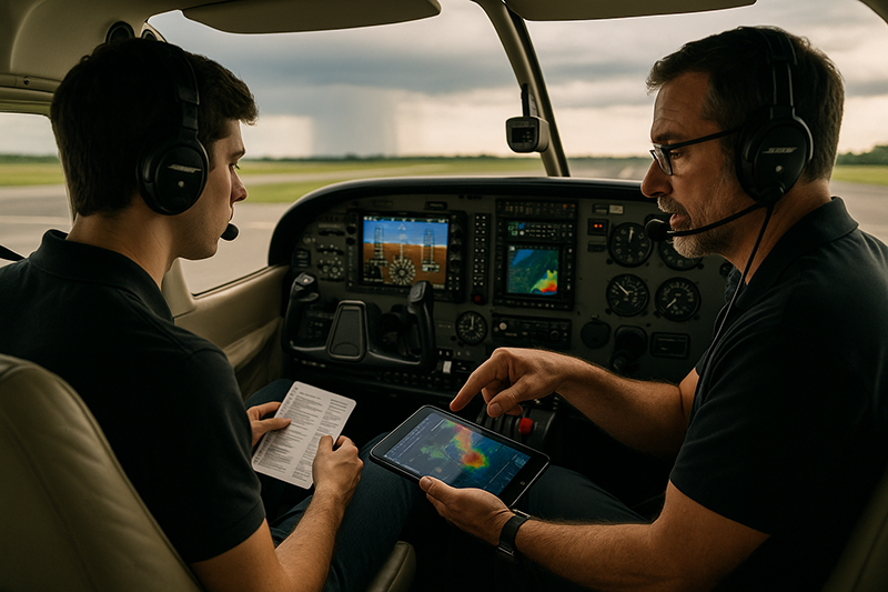 Flight instructor and student pilot reviewing a scenario-based training route before a lesson