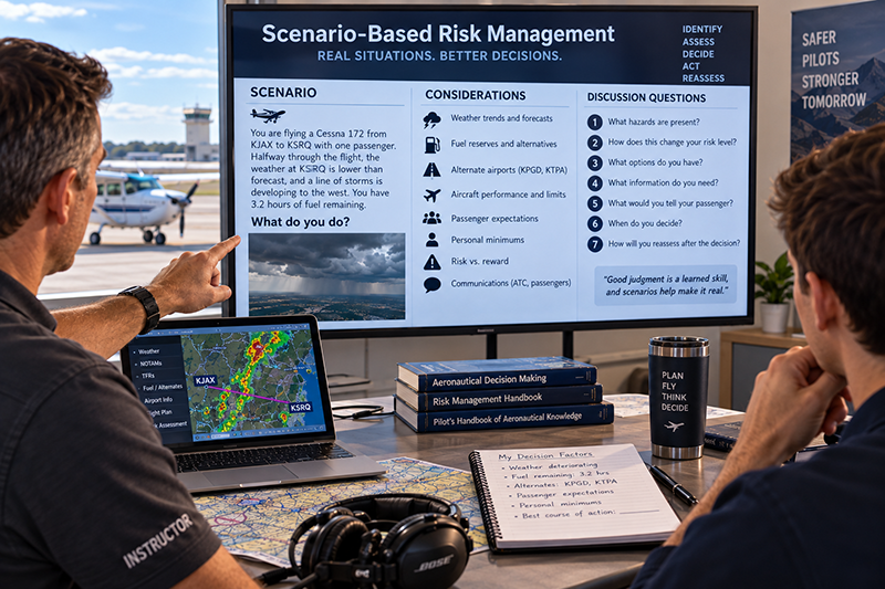 Flight instructor and student pilot reviewing a cross-country risk management scenario before training