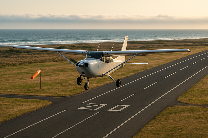 Light general aviation aircraft approaching a coastal airport as a sea-breeze front moves inland