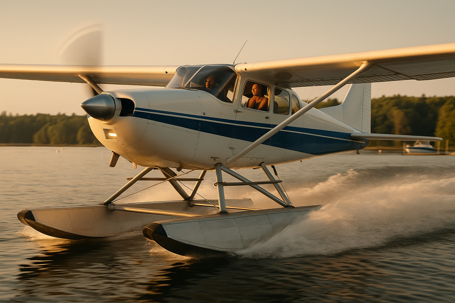 Single-engine float-equipped airplane taxiing near a wooden dock on a calm lake at sunrise, demonstrating seaplane handling and docking context.