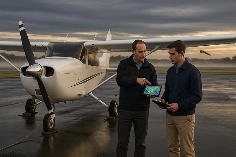 Training aircraft on ramp under changing seasonal clouds with a pilot reviewing aviation weather