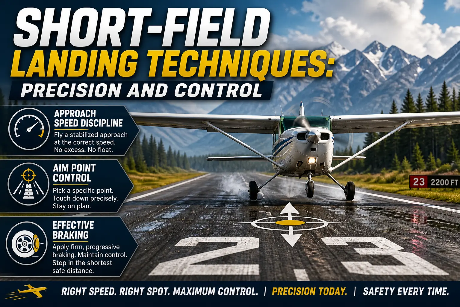 Small general aviation aircraft landing on a short runway with precise touchdown point