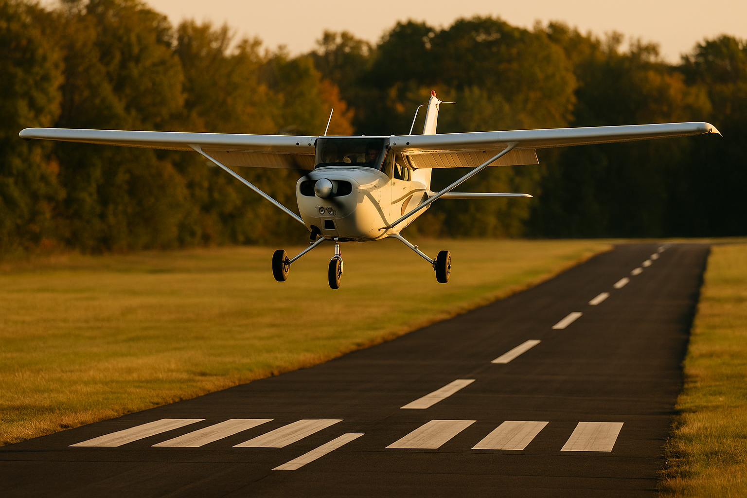 Single-engine aircraft on final approach to a short runway with trees near the threshold, showing landing technique and aiming point.