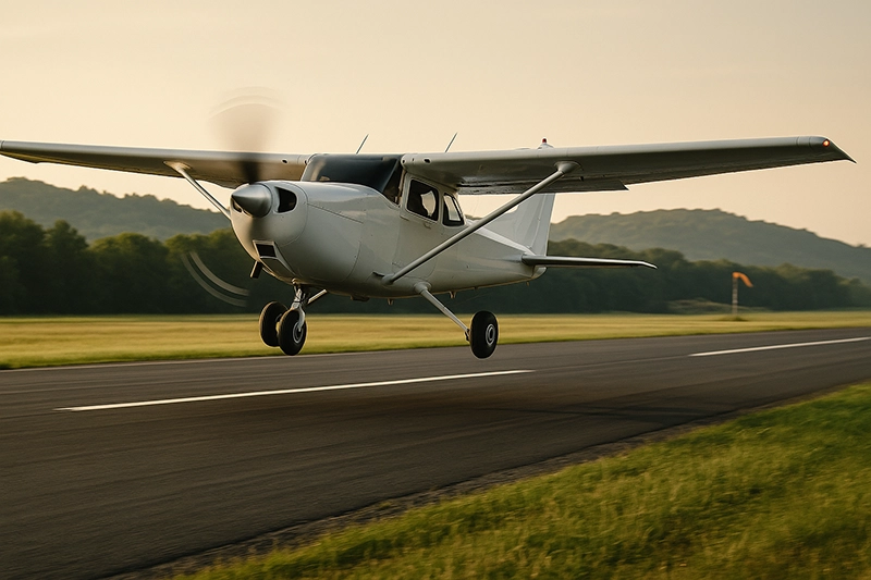 Small aircraft taking off from a short runway with trees at the departure end, pilot applying short-field takeoff technique and maintaining centerline control