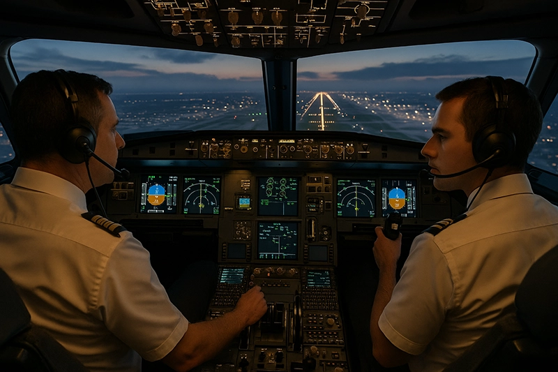 Flight simulator cockpit with pilots practicing arrivals into a busy terminal, showing multiple traffic targets and ATC communication displays