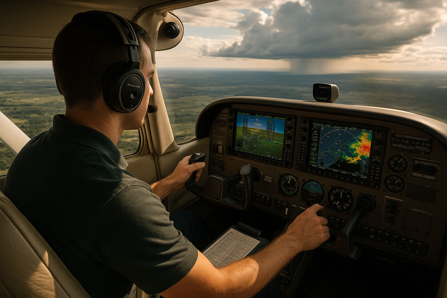 General aviation pilot reviewing avionics and checklist during single-pilot cockpit planning