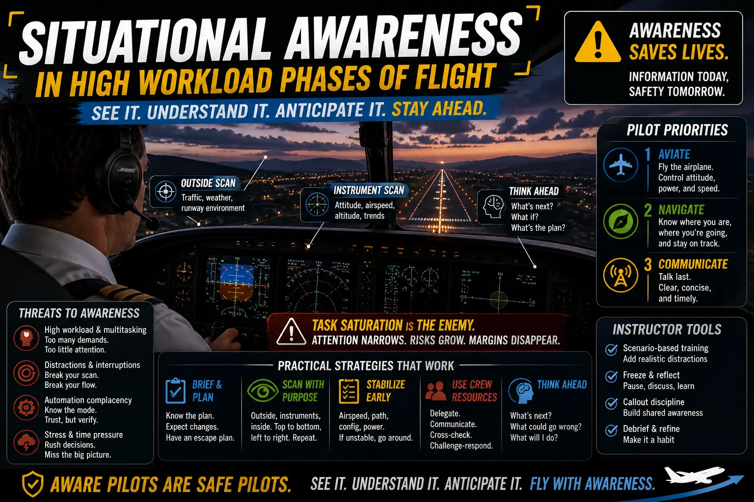 Pilot scanning instruments and outside during approach at dusk, demonstrating situational awareness