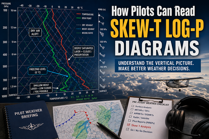 Pilot reviewing a Skew-T Log-P weather diagram for clouds, stability, and icing potential before flight