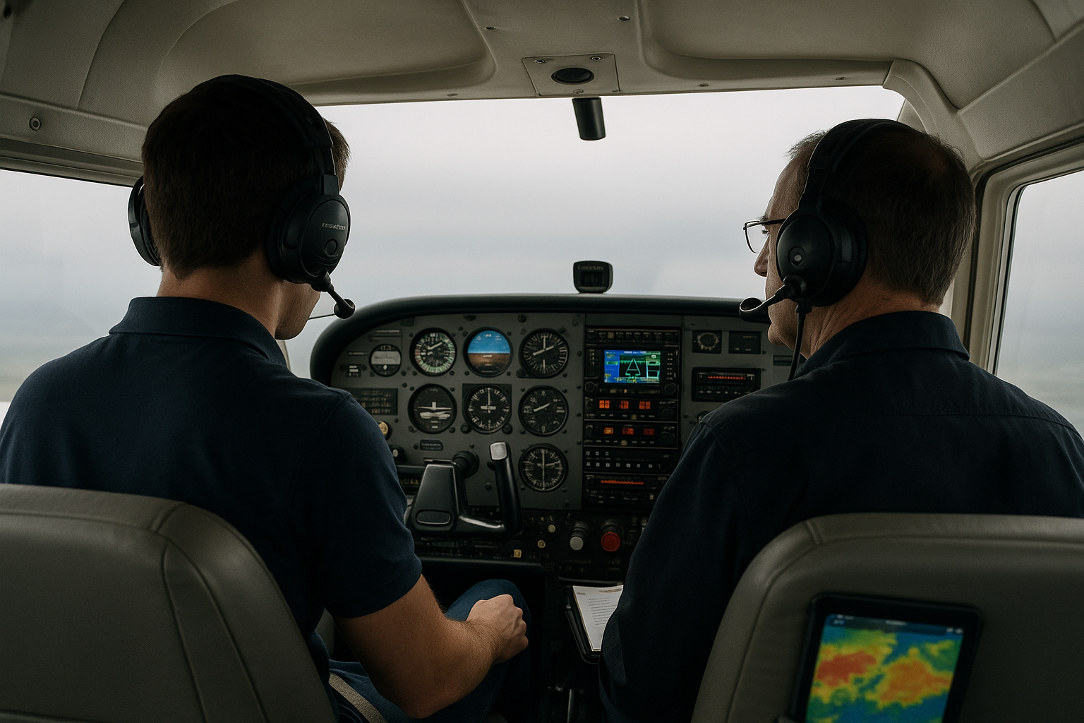 Pilot scanning flight instruments while approaching clouds during an IMC transition briefing