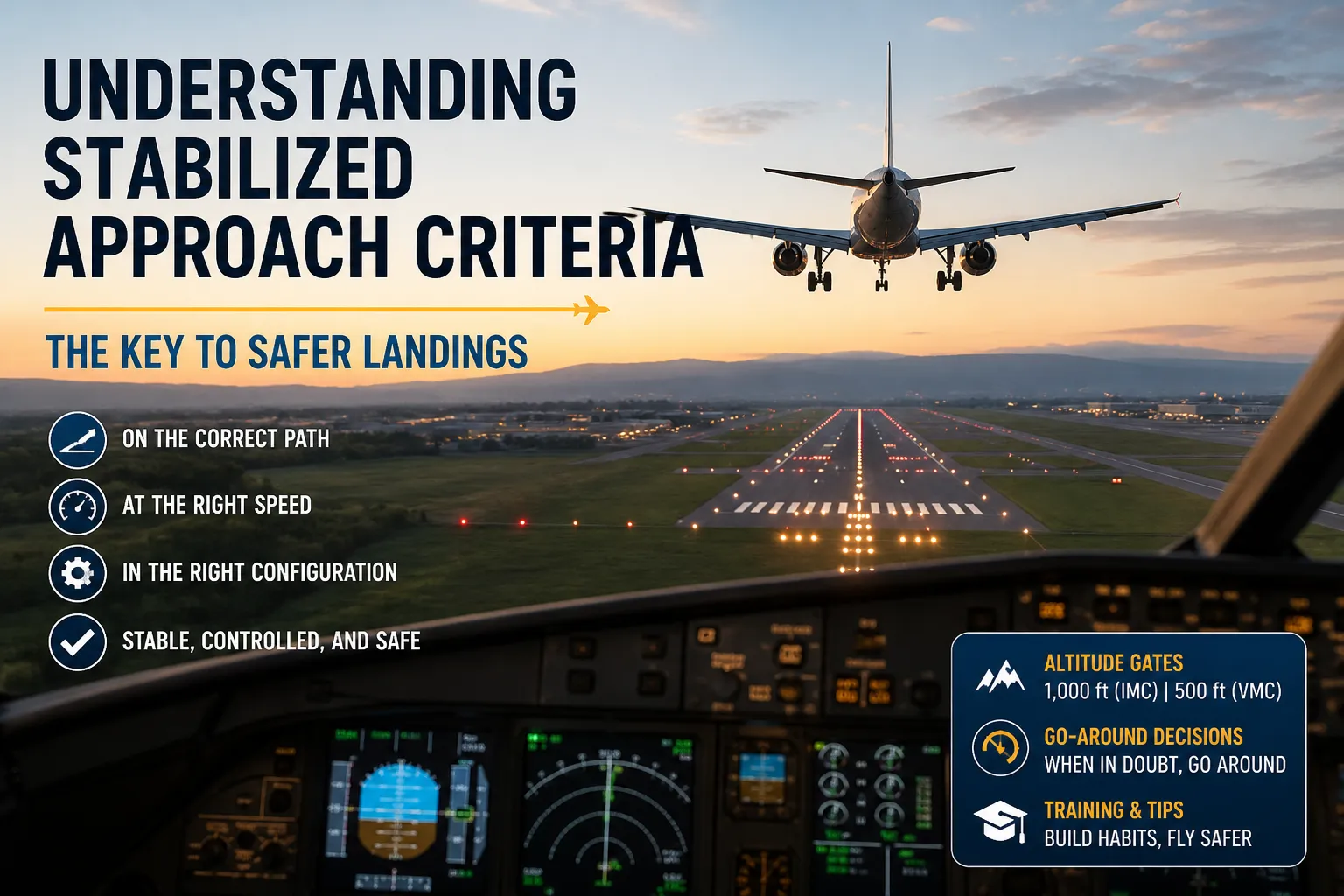 Airliner on final approach aligned with glide slope showing stabilized approach configuration
