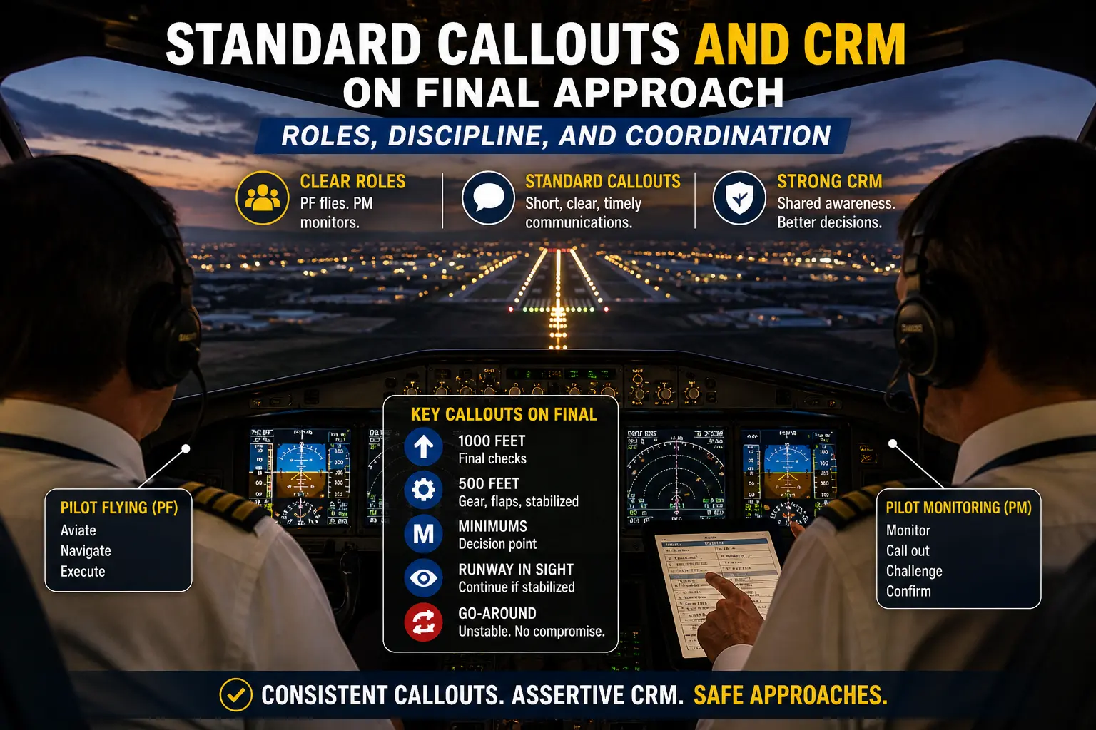 Two pilots in cockpit coordinating final approach with runway in sight