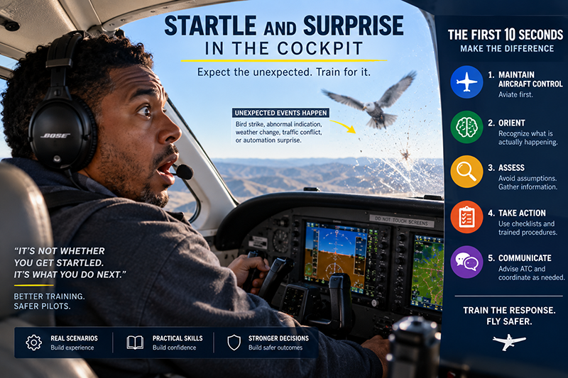 Instructor and pilot in a training cockpit discussing unexpected events and aircraft control priorities