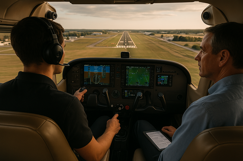Pilot flying a stabilized approach with runway, instruments, and avionics visible in the cockpit