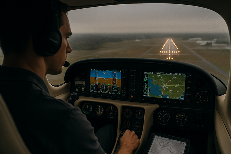 Pilot flying a stabilized approach with runway visible ahead and cockpit instruments in view