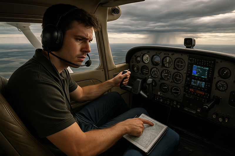 Pilot reviewing weather and route decisions in a cockpit during stress-focused aviation training