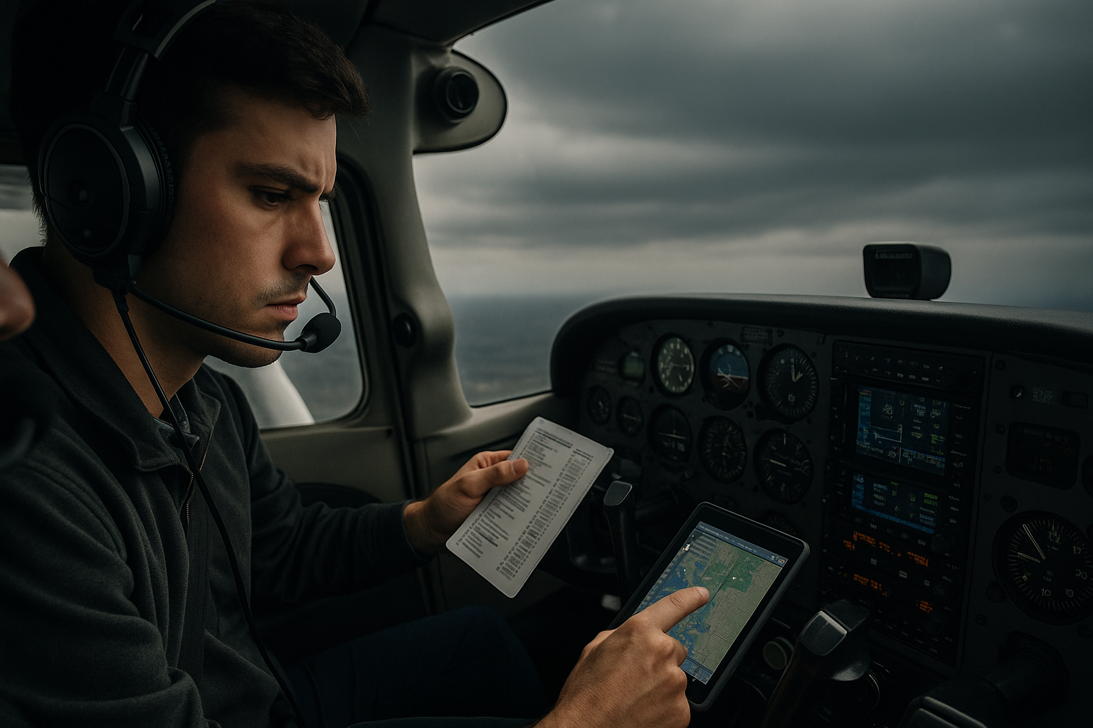 Pilot reviewing cockpit instruments during flight training while managing workload and decision stress