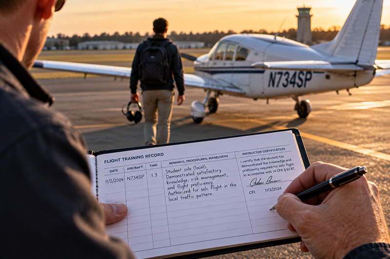 Student pilot and flight instructor reviewing solo endorsements beside a training aircraft