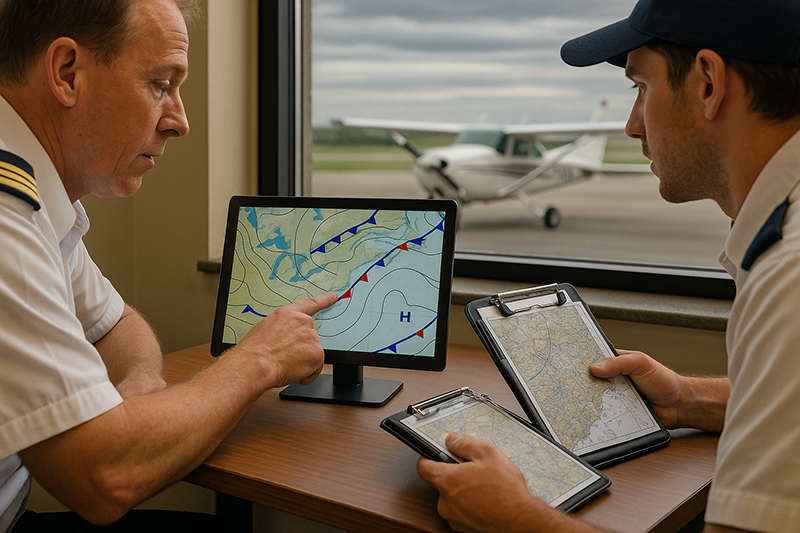 Pilot reviewing a surface analysis chart with pressure systems and fronts during aviation weather planning