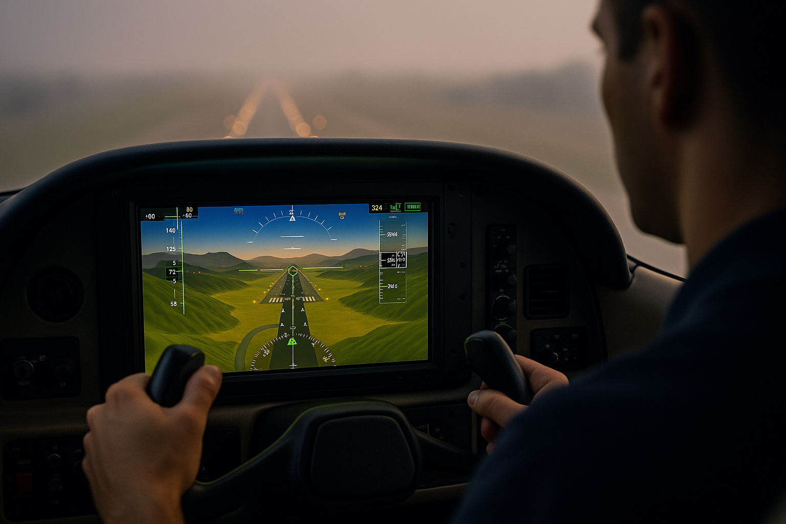 Cockpit view showing synthetic vision display with terrain shading, runway depiction, and flight path vector during night approach