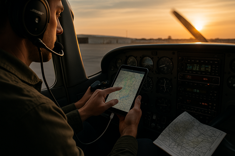 Pilot using a mounted tablet for digital charts and flight planning in a general aviation cockpit