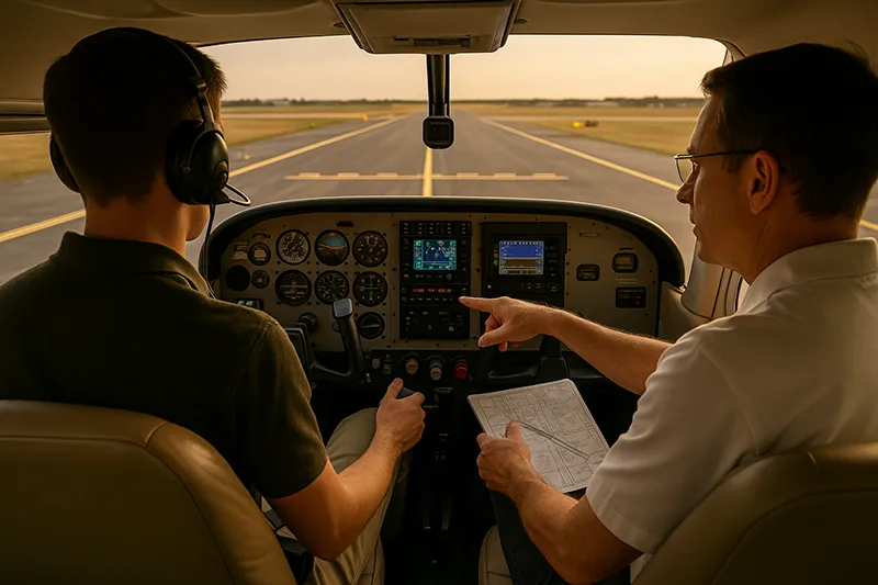 Student pilot taxiing a light training aircraft on a taxiway at sunrise, with airport signs and markings visible to the pilot.