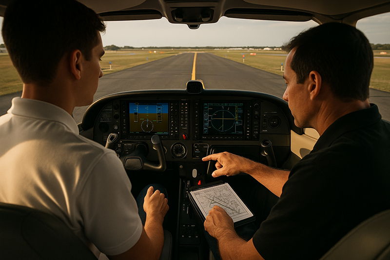 Training aircraft taxiing on a marked airport taxiway with runway hold-short signs visible ahead