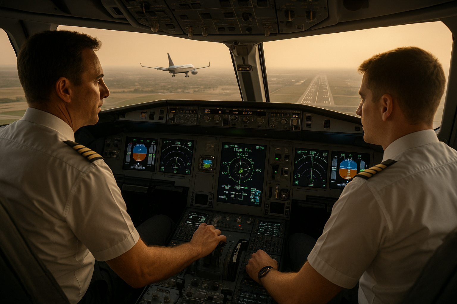 Cockpit traffic display showing TCAS targets and advisory information with runway and aircraft in background
