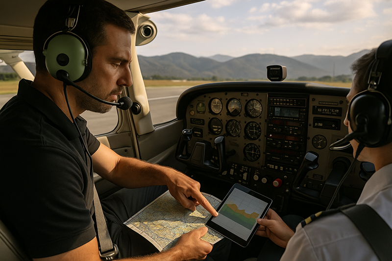 Pilot reviewing terrain and route planning charts on a tablet before a cross-country flight