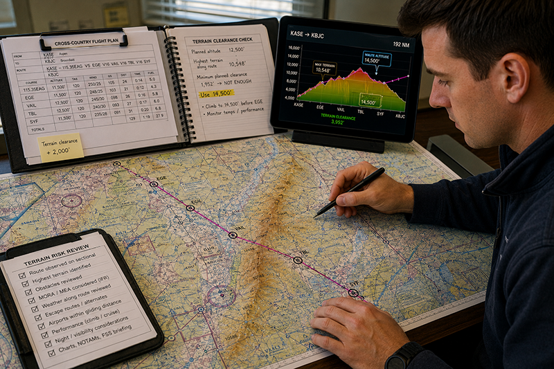 Pilot reviewing a sectional chart and terrain profile while planning a cross-country flight near mountains