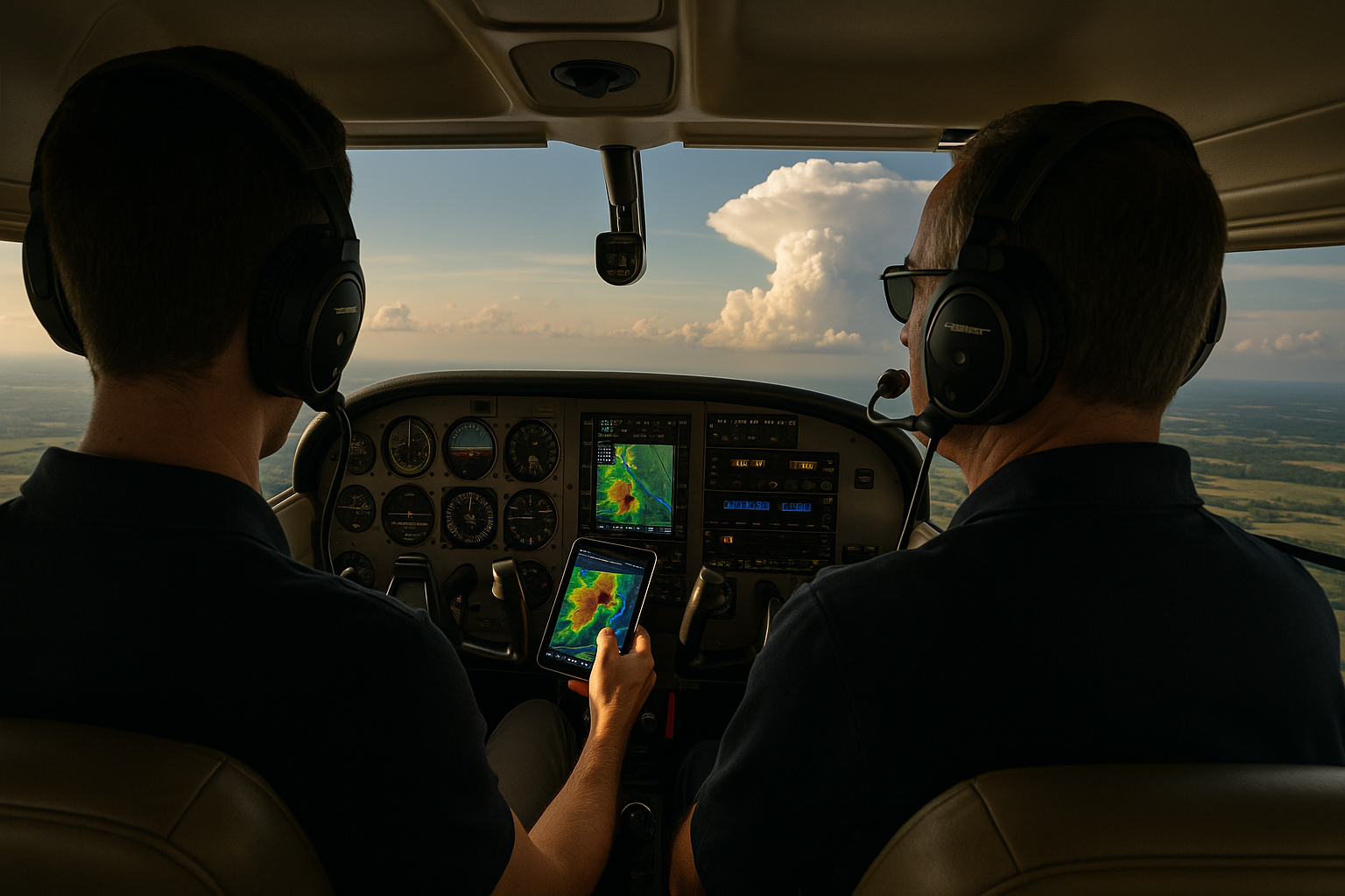 Training aircraft routing around distant thunderstorm cells with dark clouds over summer terrain