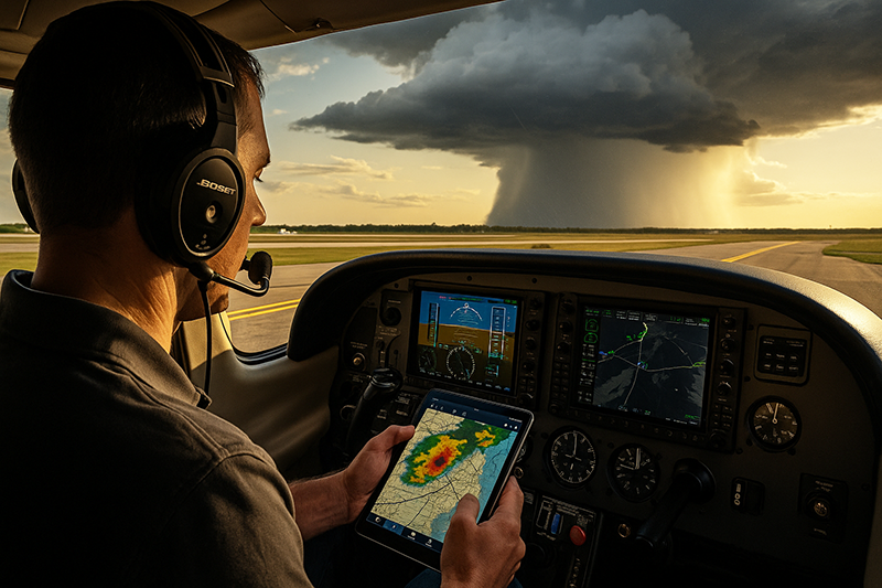 Pilot reviewing convective weather and thunderstorm cells on a tablet during preflight route planning