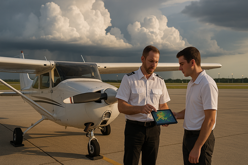 Pilot reviewing convective weather radar and route planning before a cross-country flight